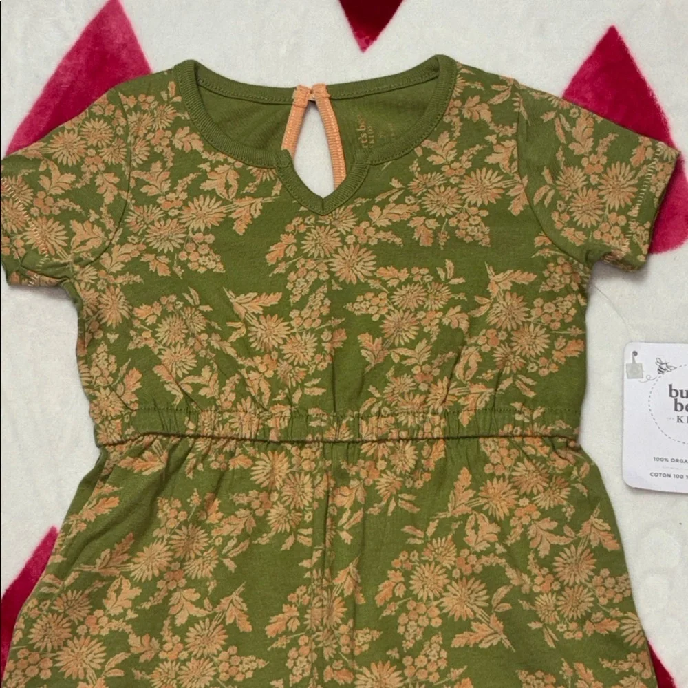 Burt's Bees Girl’s Floral Romper, green, peach, cotton, 2T